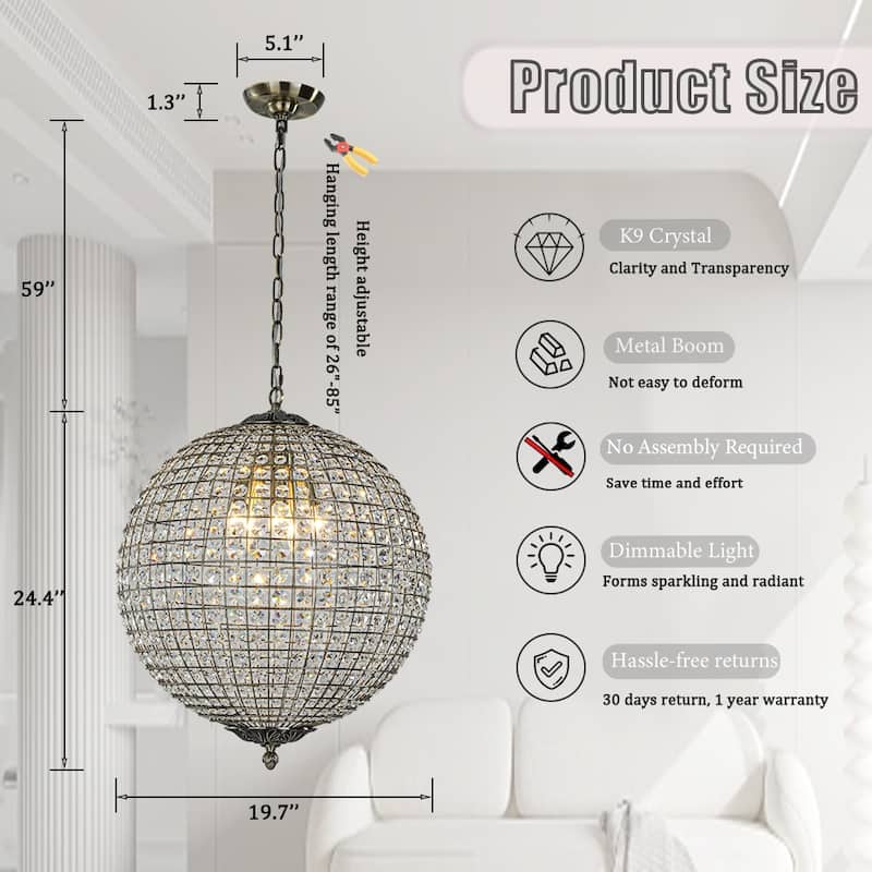 5-light Crystal Sphere Chandelier Pendant Light Glam Modern Lighting Fixture for Dining RoomBedroom Kitchen Hallway Foyer