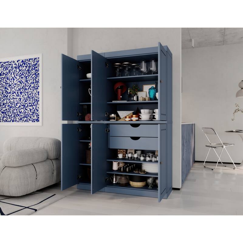 Palace Imports 100% Solid Wood Pantry Cabinet, Raised Panel Doors, 2 Drawers, Adjustable Shelves, 48.5" Wide, 71.5" Tall - Antique Blue
