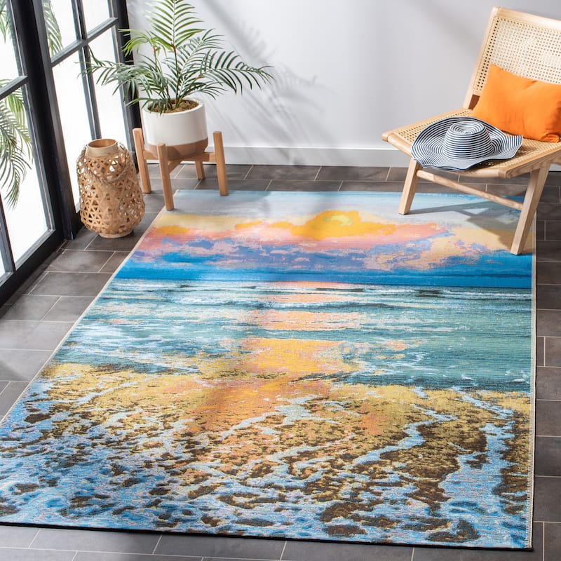 SAFAVIEH Barbados Momka Tropical Indoor/ Outdoor Waterproof Patio Backyard Rug - 6'6" Square - Gold/Blue