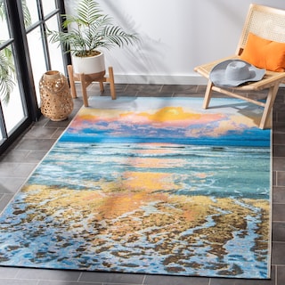 SAFAVIEH Barbados Wanne Tropical Indoor/ Outdoor Waterproof Patio Backyard Rug - Gold/Blue [5'3" x 7'6"] - 5'3" x 7'6"