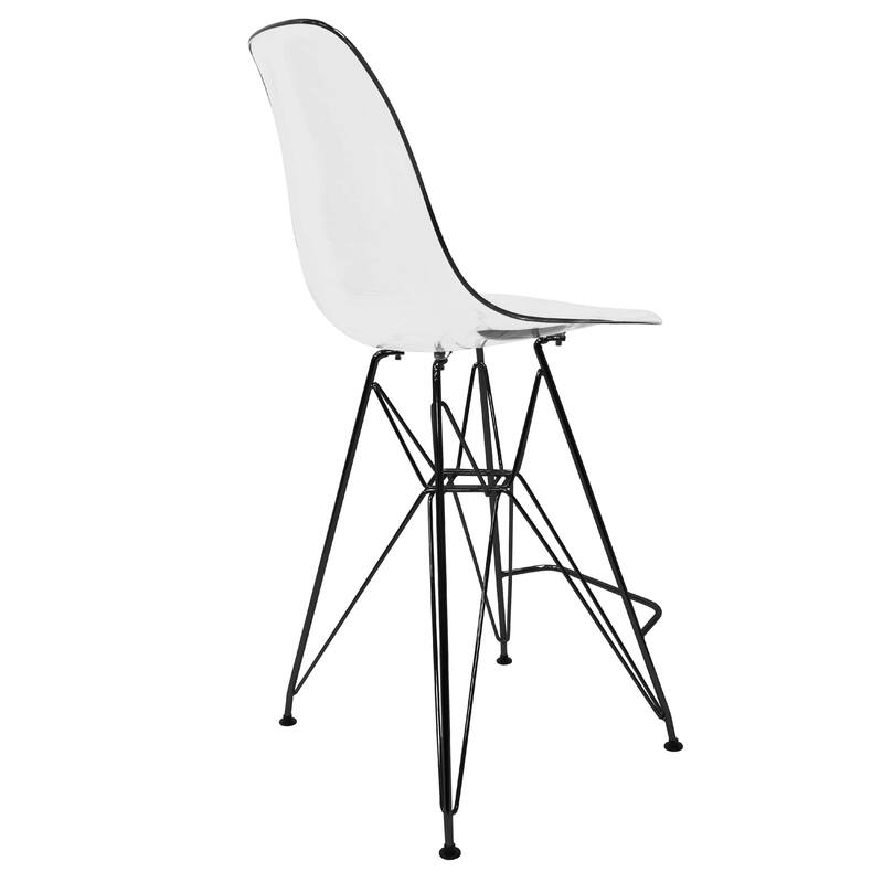 Cresco Acrylic Barstool in Brushed Black Steel Base with Ergonomic Seat, Footrest, & Floor Pads for Kitchen or Home Bar Set of 2