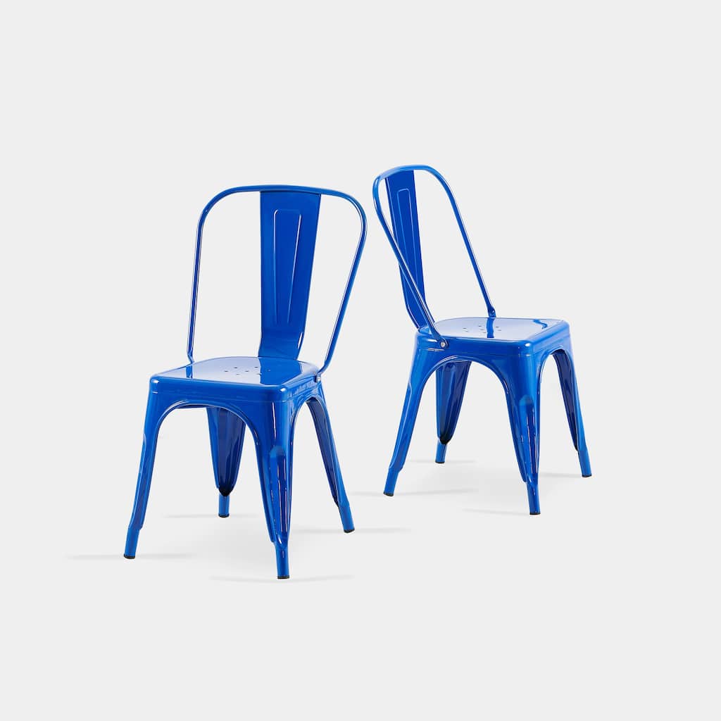 2-Piece Stackable Industrial Dining Chair Set - High Gloss Blue, 18 Inch Seat Height