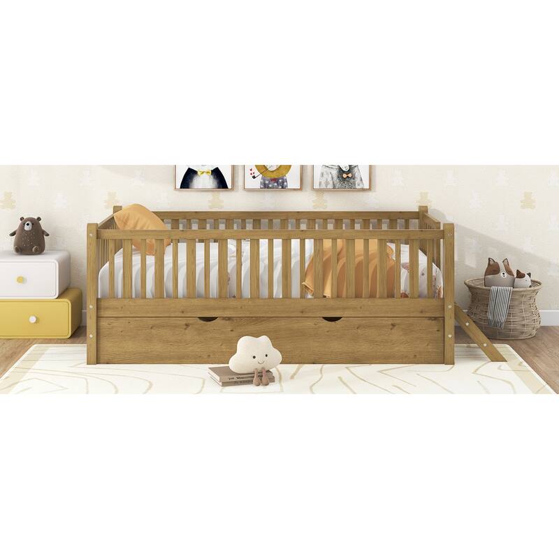 Roomfitters Twin Wood Platform Bed with Semi-Enclosed Guardrail and Trundle