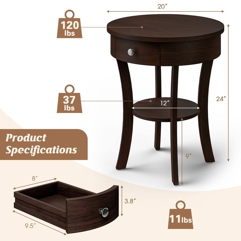 Costway 2-tier Side End Sofa Table Round Nightstand for Bedroom Living