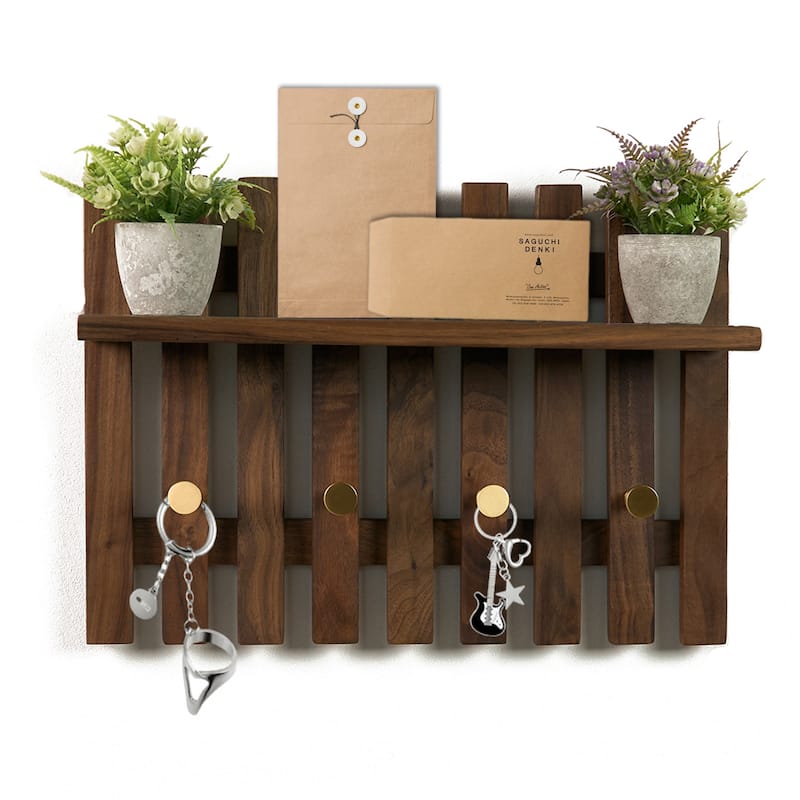 Dark Solid Wood Wall Organizer With Tray Storage - 15.35" L