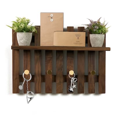 Dark Solid Wood Wall Organizer With Tray Storage - 15.35" L