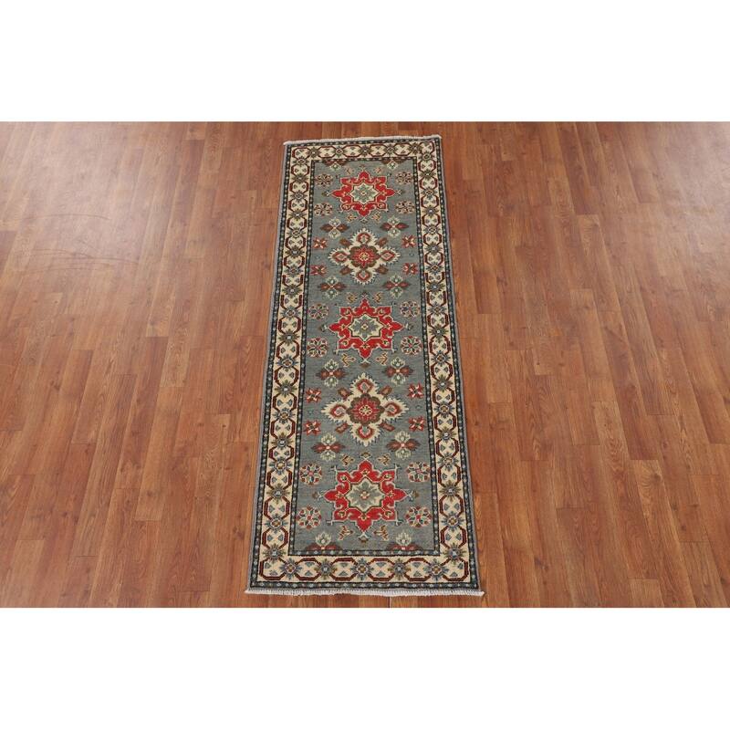 Gray Geometric Kazak Oriental Runner Rug Hand-Knotted Wool Carpet - 2'2" x 6'0"