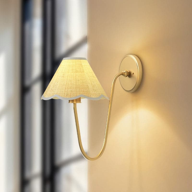 Rowabi Soleil Curve Arm Sconce - Metal, Raffia & Natural, Gold Wall Sconce for Bedroom, Hallway in Modern, Mid-Century Style