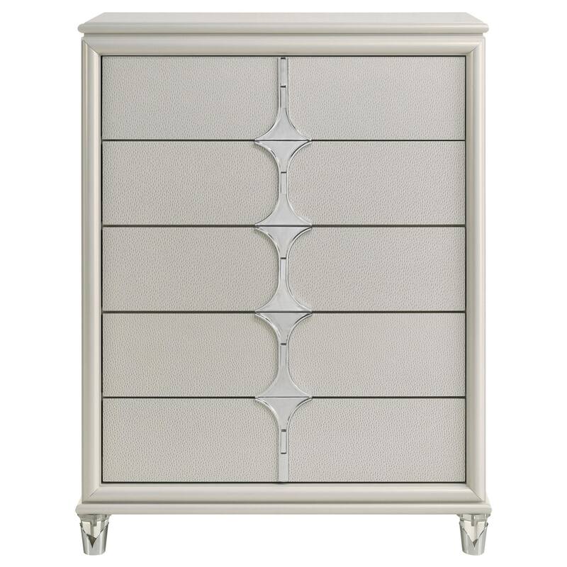 Ory Tall Dresser Chest w 5 Drawers, Chrome Star Handle, Pearl Ivory