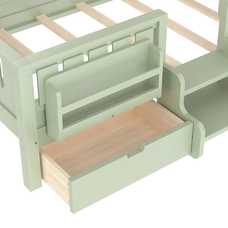Multiple Colors Toddler Montessori Bed Children's Platform Bed with Low Profile Stairs, Built-in Bookshelf and Storage Drawers