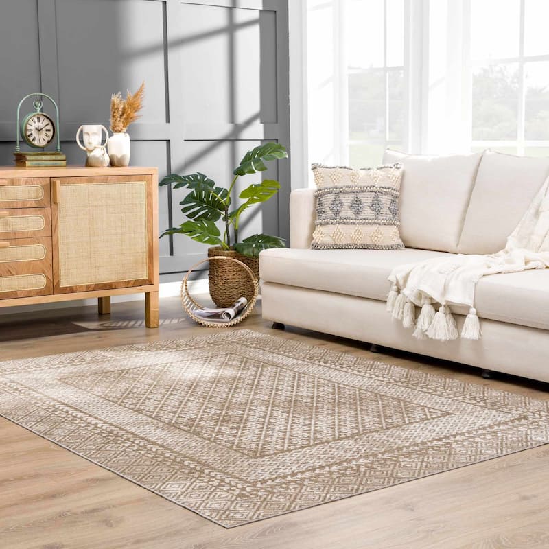 Hauteloom Caditaan Living Room, Bedroom Machine Washable Area Rug - Dark Red, Peach, Cream - 5'3" x 7' - 5'3" x 7' - 5'3" x 7' - Dark Red, Peach, Cream / Caditaan