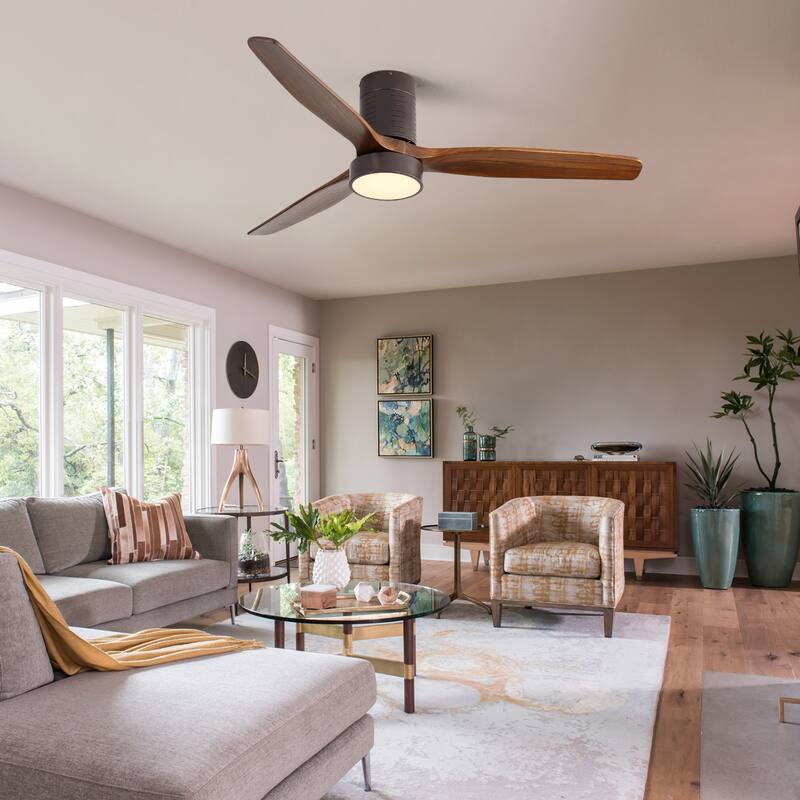 52 Inch Flush Mount Ceiling Fan with LED Light and Remote Control, 3 Solid Wood Blades Fan