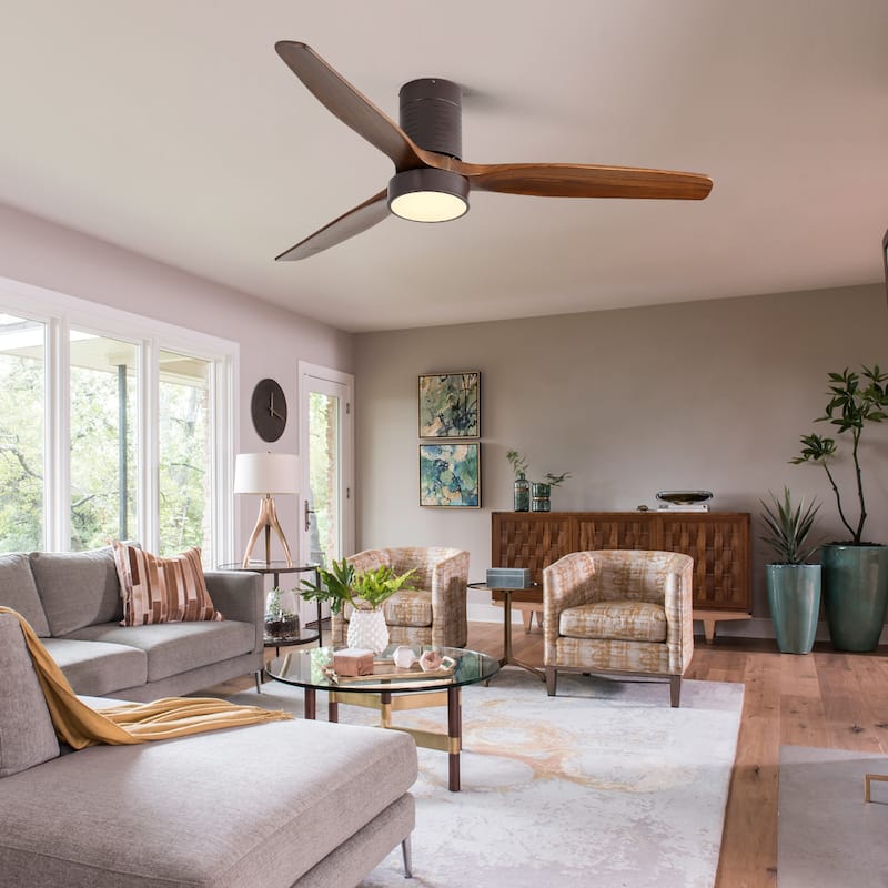 Flush Mount Ceiling Fan with LED Light and Remote Control - Walnut