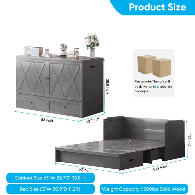 Mixoy Queen Size Murphy Bed with Charging Station & Storage Drawer,Space-Saving Design,Optional Mattress