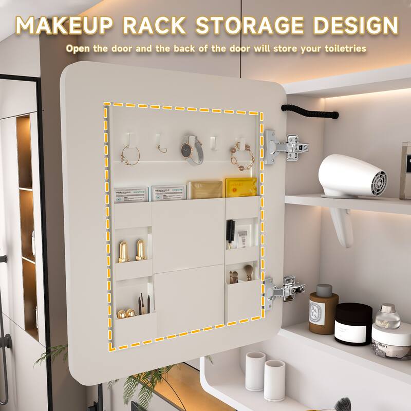 Mirror Cabinet with 3 Colors LED Light,Defogging and Hair Dryer Holder