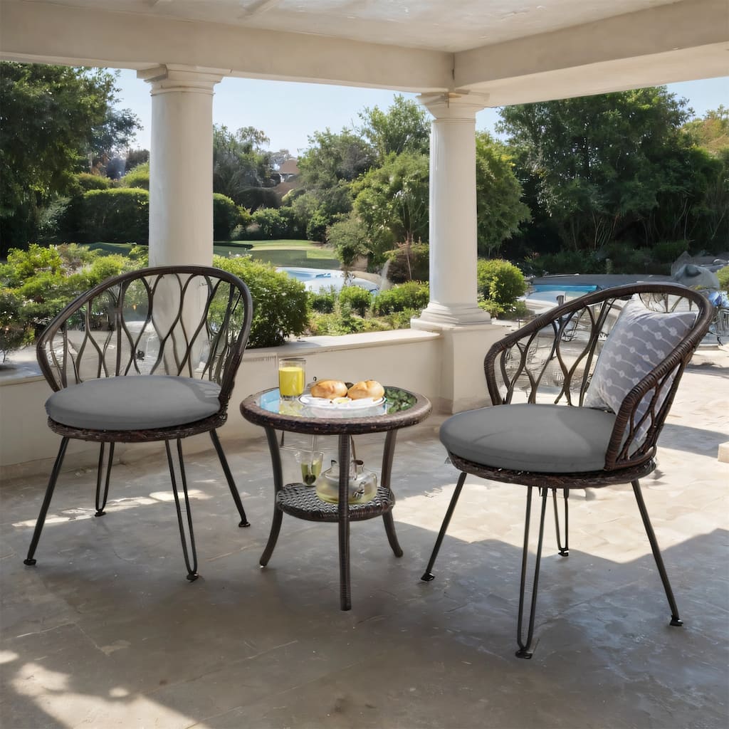 Modern Rattan Outdoor Set with Glass Table & Iron Chairs, Weatherproof