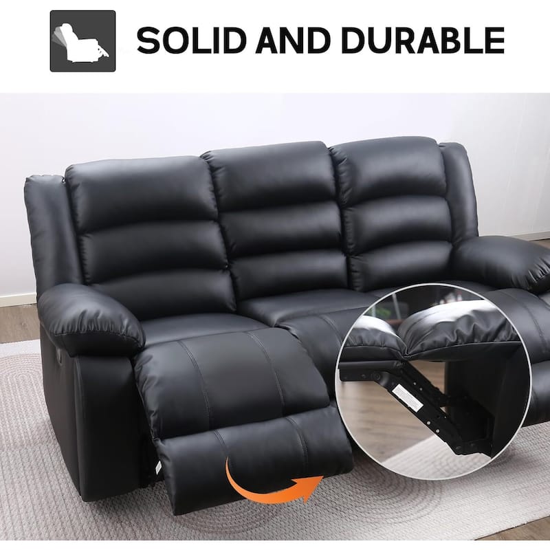 Faux Leather Manual Reclining Sofa with 2 Concealed Cup Holders, Overstuffed Armrest 3 Seat Recliner Couch for Living Room