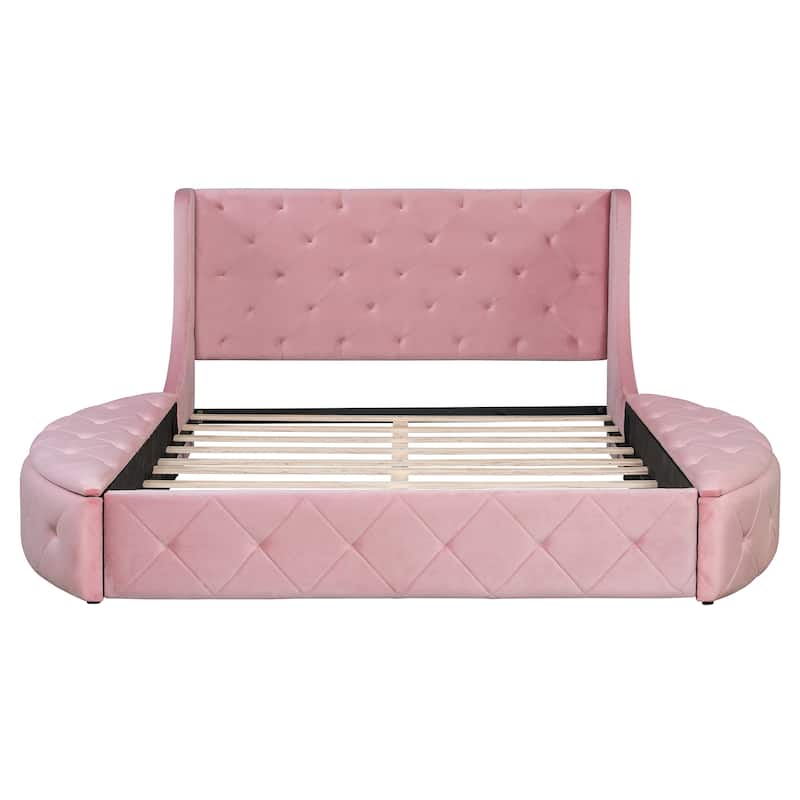 Low Profile Bed Queen Size Velvet Upholstered Platform Bed with Wingback Headboard, Big Drawer and 2 Semicircle Side Stools