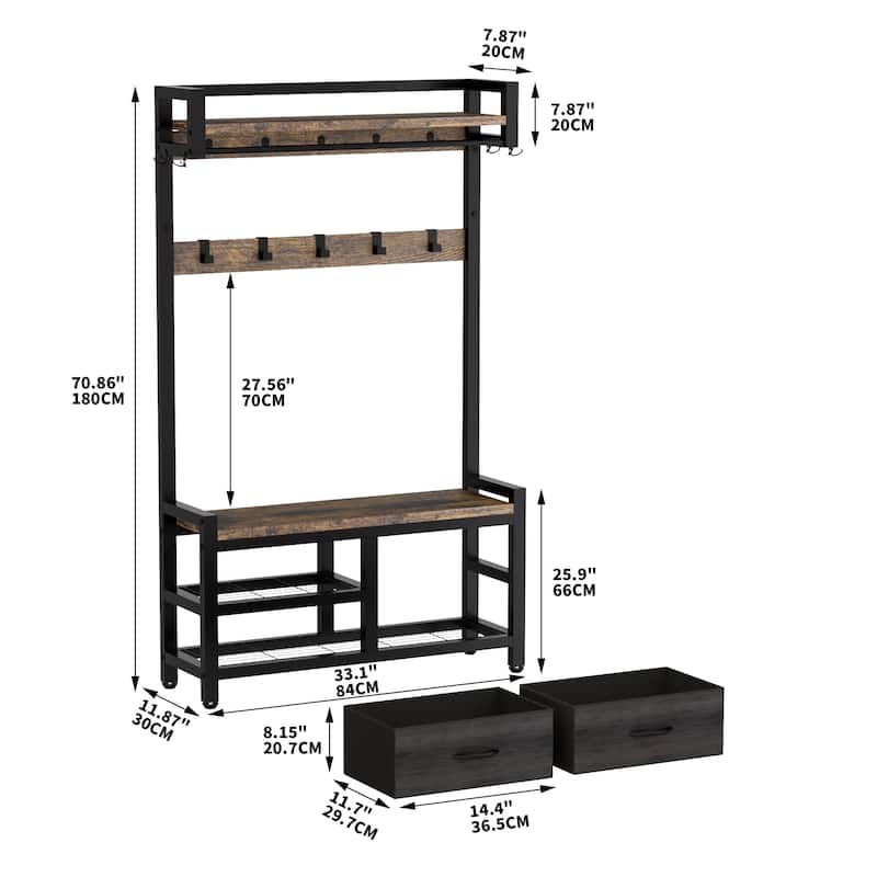 Anmytek 33.1 Inch Wide Hall Tree Entryway Bench with Shoe Storage Shelves Garment Racks 23 Hooks and 2 Movable Drawers