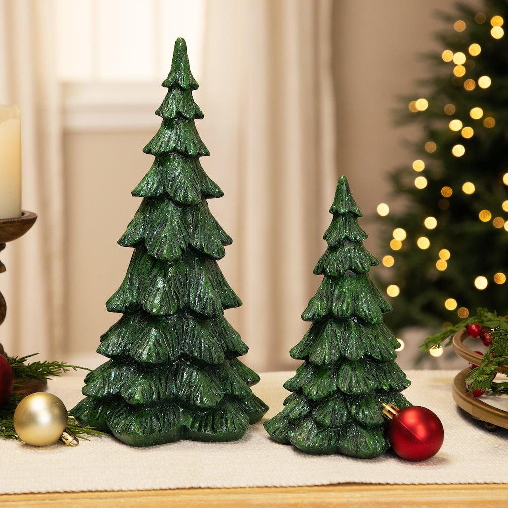 Carved Glittery Trees Christmas Decorations - Set of 2 - Green - 11.5"