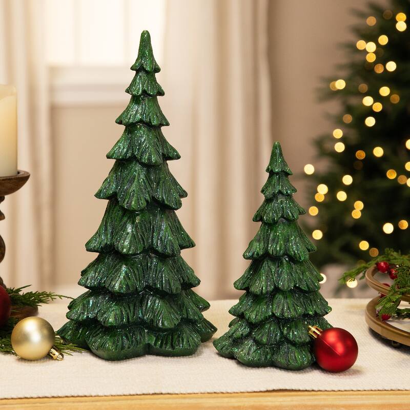 Carved Glittery Trees Christmas Decorations - Set of 2 - Green - 11.5"