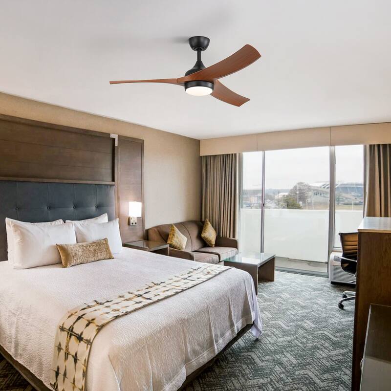 52 Inch Black Ceiling Fan with 3 Dark Wood Grain ABS Blades Remote Control Reversible Motor Dimmable Light