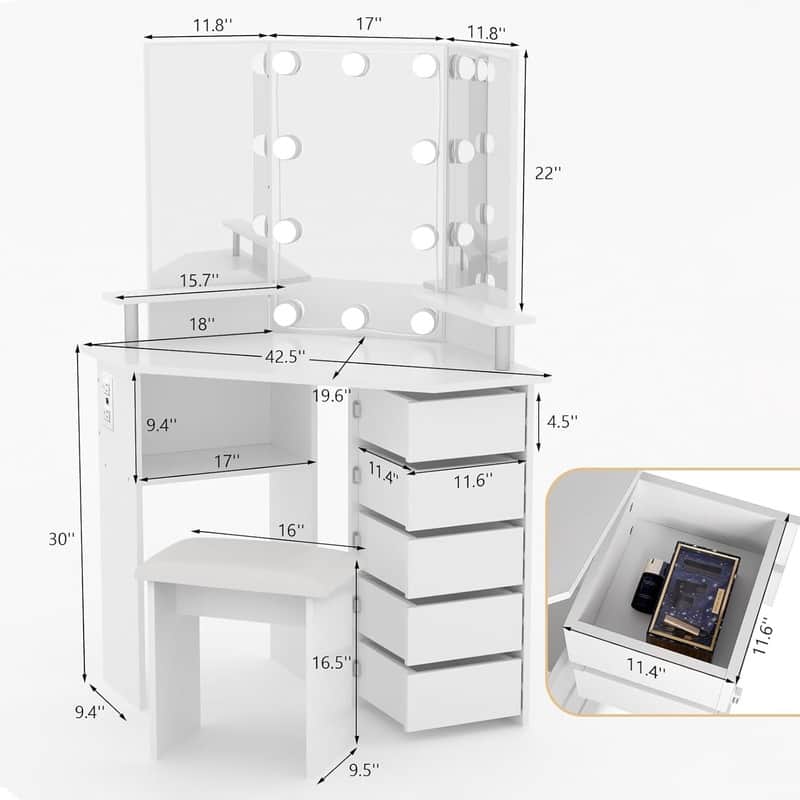 Makeup Vanity with Lights, Power Outlets, Tri-Fold Mirror, 5 Rotating Drawers, Stool