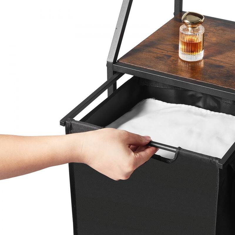 Black Laundry Hamper Sorter on Wheels and 2 Fabric Bags and Wooden Shelves for Home Storage - 27.56 x 12.99 x 41.14 in