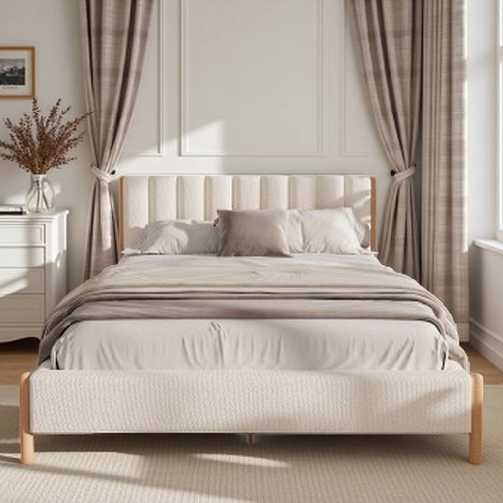 King Size Upholstered Platform Bed with Boucle Fabric Headboard, Solid Wood Legs, No Box Spring Needed, White