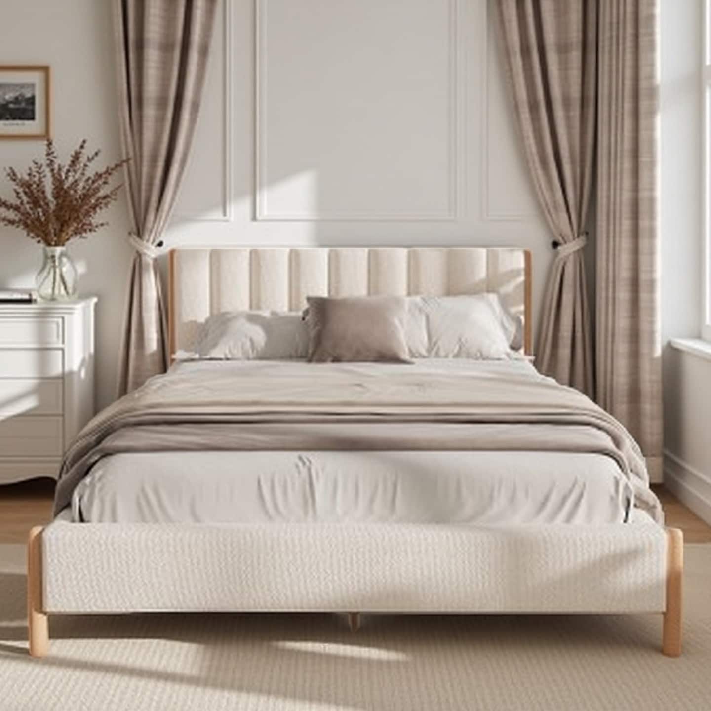 King Size Upholstered Platform Bed with Boucle Fabric Headboard, Solid Wood Legs, No Box Spring Needed, White
