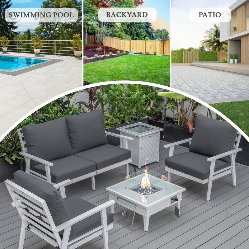 Walbrooke Polyester Upholstered Aluminum Powder Coated Outdoor Patio Furniture Set with Fire Pit Table