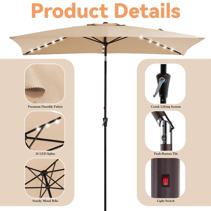 6.5*10ft Rectangular Patio Market Umbrella with LED Lights,Crank & Tilt