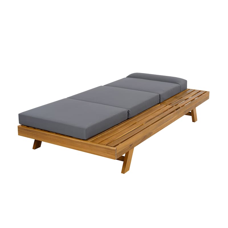 One-sided Open Storage Lounge Chairs Outdoor Patio Acacia Wood Chaise Lounge with Adjustable Backrest & Water-repellent Cushions