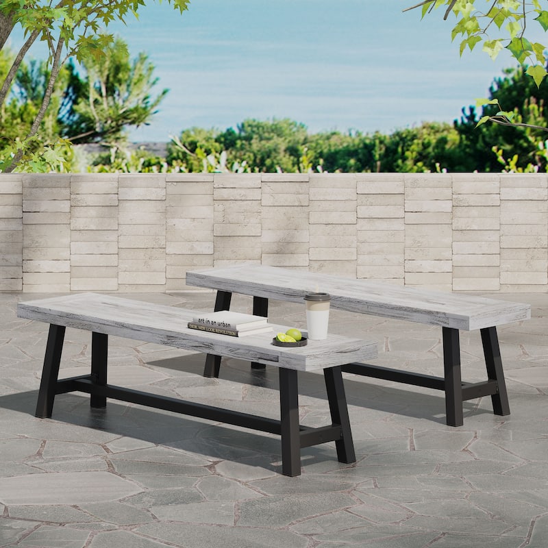 2-Piece Outdoor Bench Set, Acacia Wood Dining Bench with Metal Legs Rustic Indoor Outdoor Porch Benches for Yard Garden Dining - Grey+Black