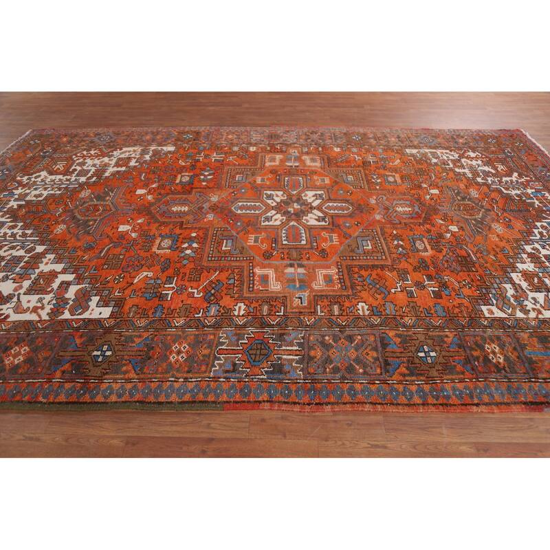 Hand Knotted Oriental 100% Wool Carpet Traditional Medallion Oranges & Rust Heriz Area Rug - 11' 4'' X 7' 11''