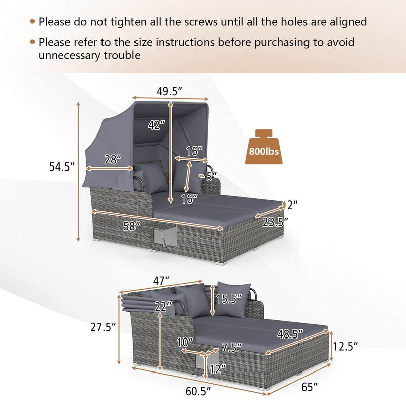 Costway Patio Rattan Daybed Lounge Retractable Top Canopy Side Tables - See Details