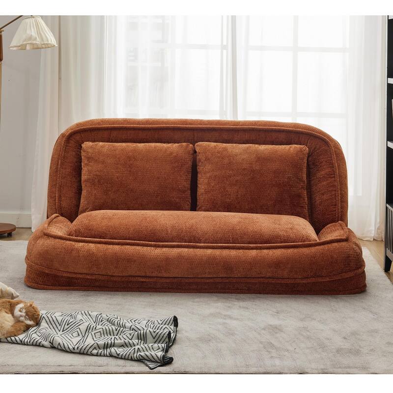 Pet Friendly Lazy Loveseat Sofa 2-in-1 Chenille Floor Couch Double Human Sleeper Bed with 5 Adjustable Position, Plump Pillows