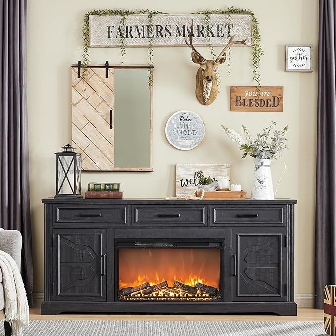 Farmhouse Fireplace TV Stand for Up to 80" TV, Entertainment Center