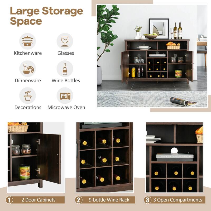 Gymax Buffet Storage Cabinet Farmhouse Sideboard w/9-Bottle Wine Rack