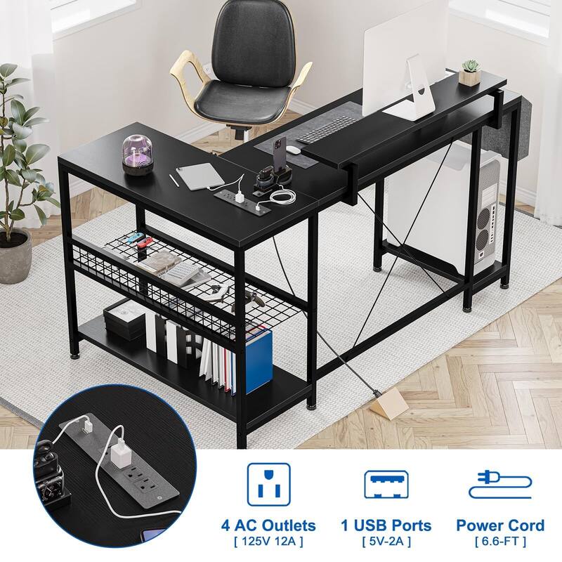 L Shaped Computer Desk with Power Outlets & LED Light, 49.6" Reversible Corner Computer Desk