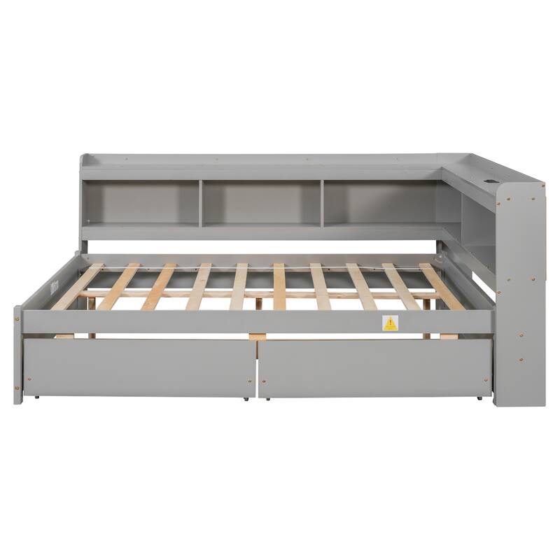 Full Size L-shaped Bookcases Bed with Power Outlets, USB Charging Ports