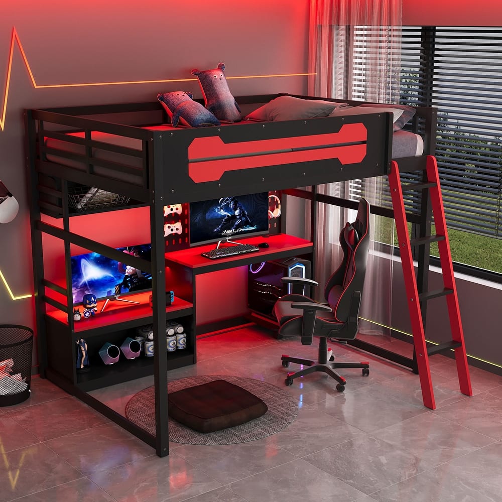 Full Size Gaming Loft Bed with Desk, Shelves, LED, USB and Pegboard