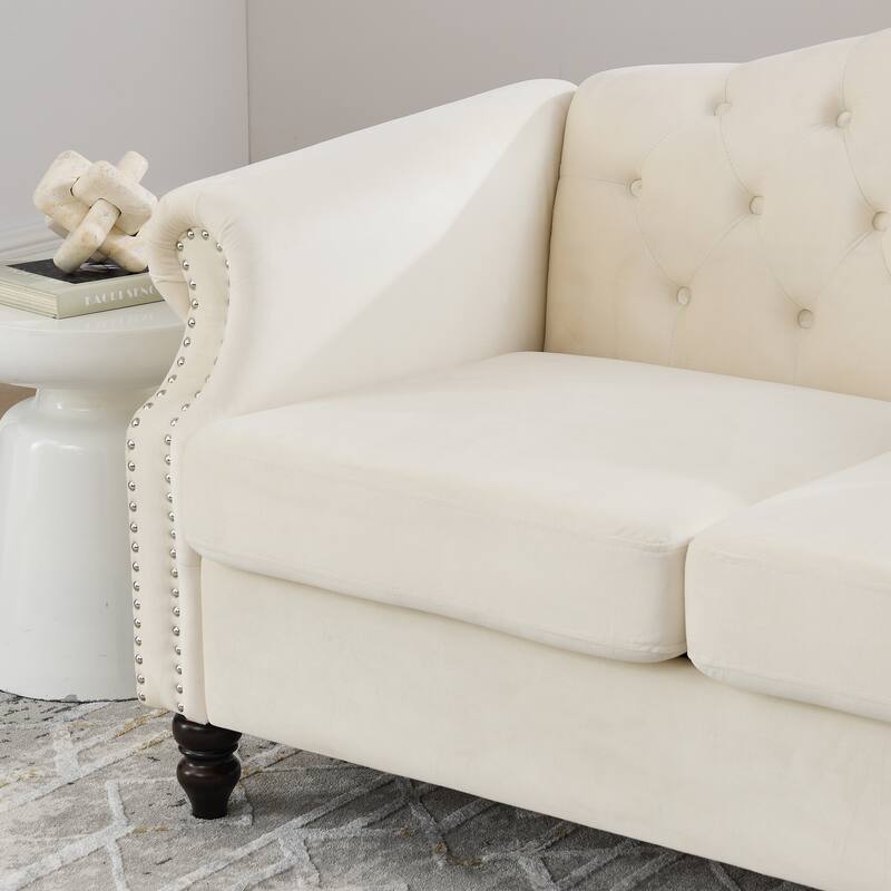 Chesterfield Velvet Sofa, Upholstered Loveseat Sofa with 2 Pillows, Tufted 2 Seater Sofa with Rolled Arms & Nailhead Trim