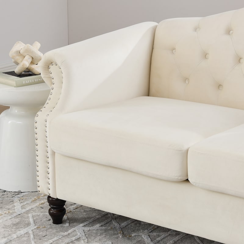 Velvet Chesterfield Sofa, 2 Seater Tufted Couch with Nailhead Trim, Rolled Arms