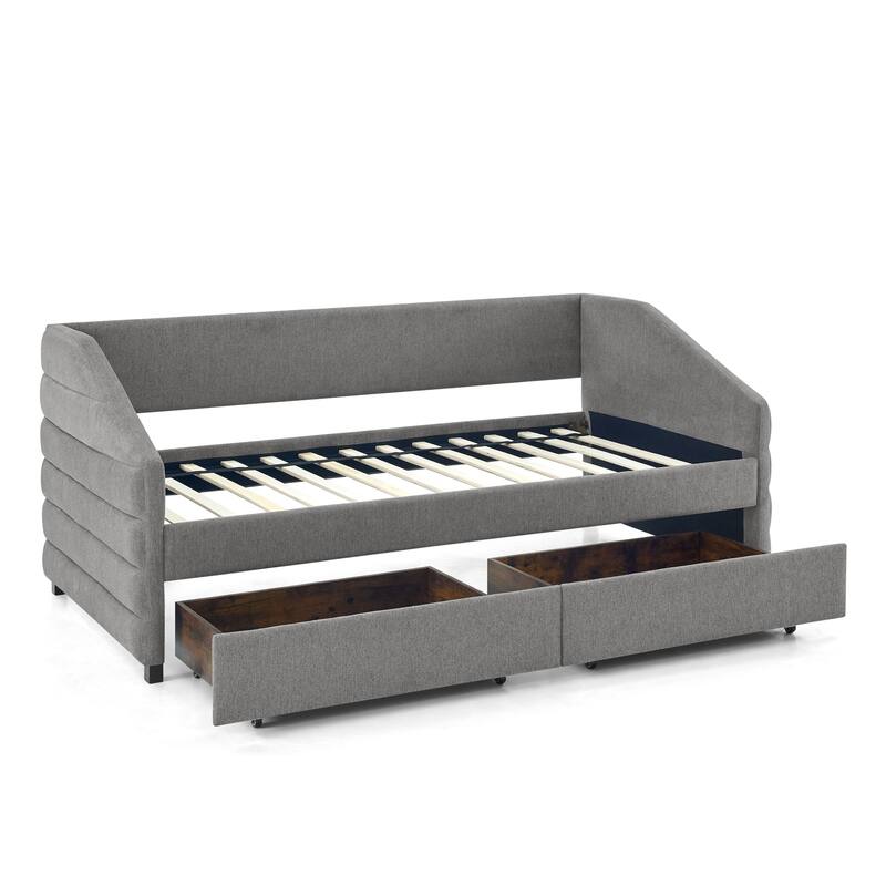 Twin/Full/Queen Size Upholstered Daybed with 2 Drawers, Linen Fabric Upholstered Sofa Bed, Wheeled Storage Daybed w/ Wood Frame