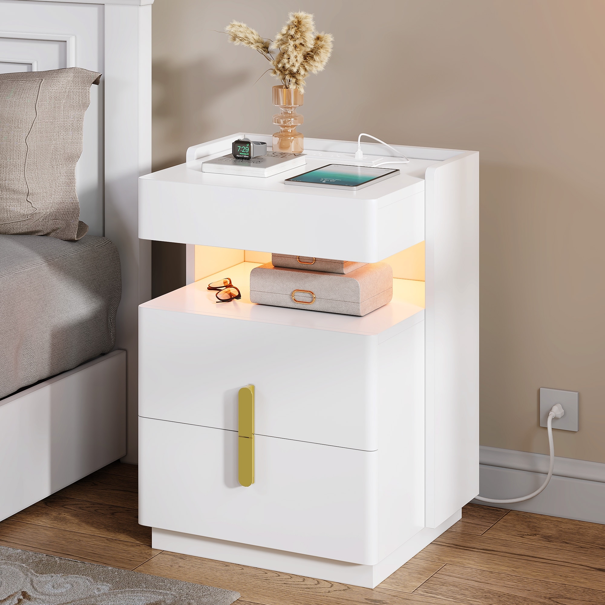 Moasis Modern 2Drawer Storage Nightstand with Charging Station for