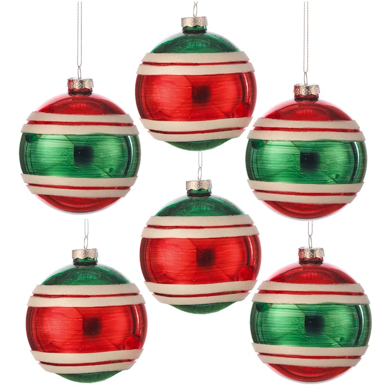 4" Retro Glass Stripe Ball Ornament Set of 6