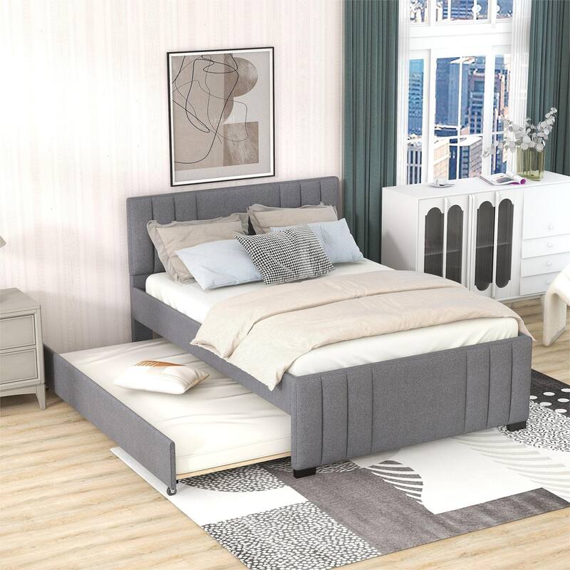 Full Size Linen Platform Bed with Trundle, Upholstered Bedframe with