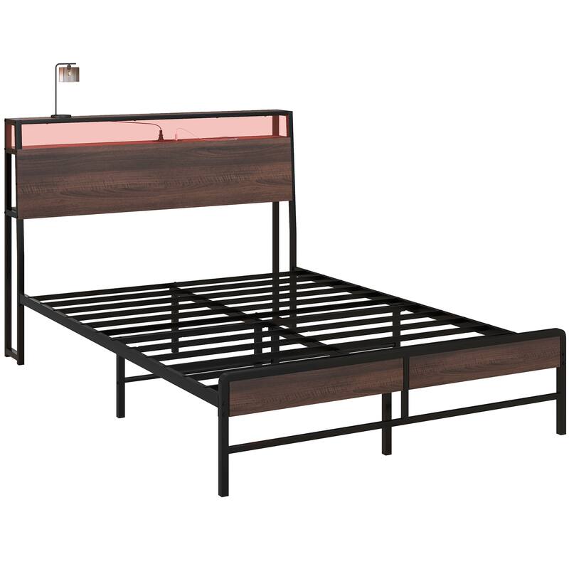 Full Size LED Bed Frame with Charging Station, Storage Shelf, and Noise-Free Steel Slats, Easy Assembly, No Box Spring Needed - Walnut