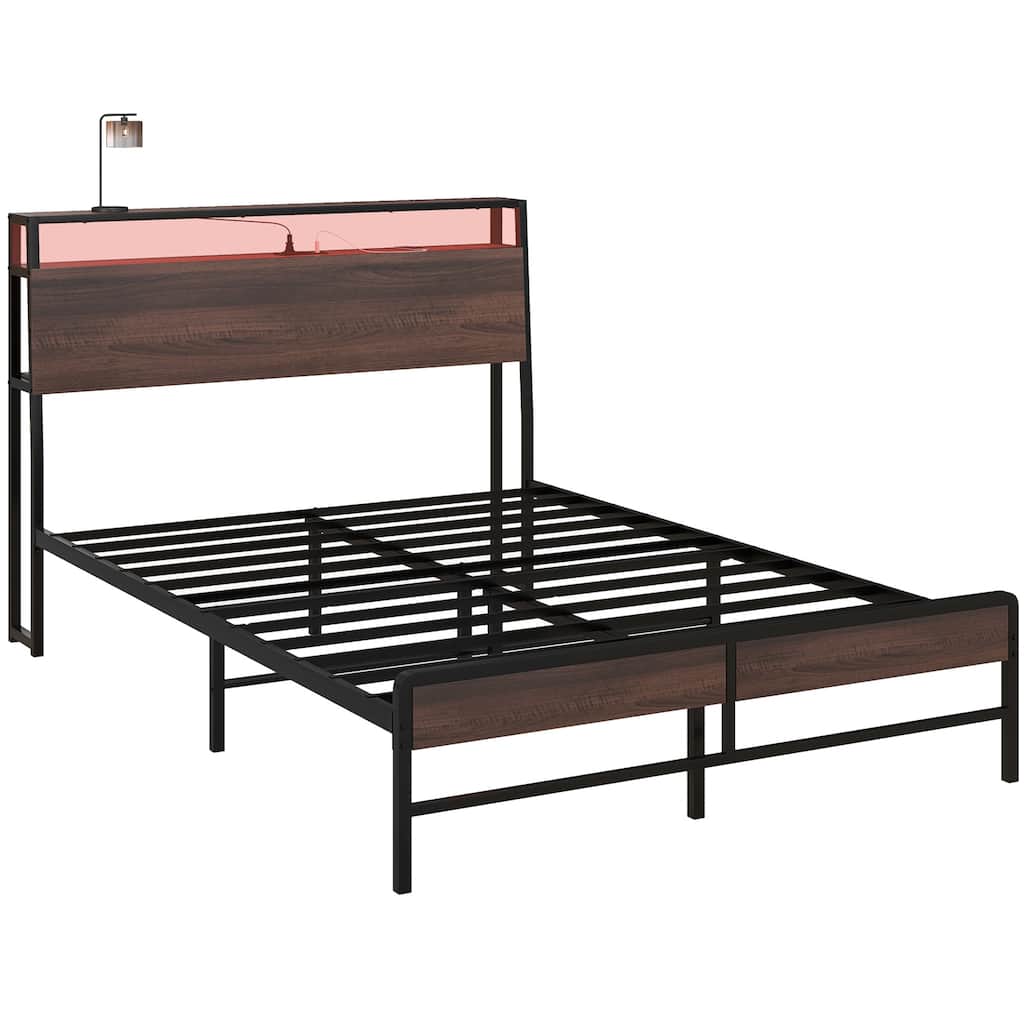 Full Size LED Bed Frame with Charging Station, Storage Shelf, and Noise-Free Steel Slats, Easy Assembly, No Box Spring Needed